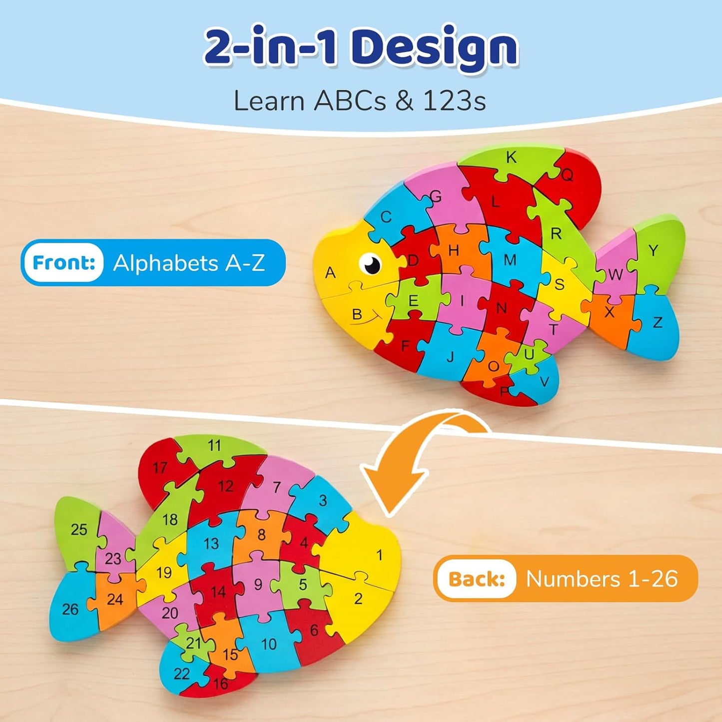 LovesTown Wooden Puzzles for Kids, Double Sided Giraffe Jigsaw with Alphabet & Numbers, Montessori Educational Toy for Toddlers, Chunky Animal Gift