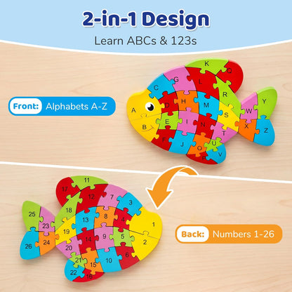 LovesTown Wooden Puzzles for Kids, Double Sided Giraffe Jigsaw with Alphabet & Numbers, Montessori Educational Toy for Toddlers, Chunky Animal Gift