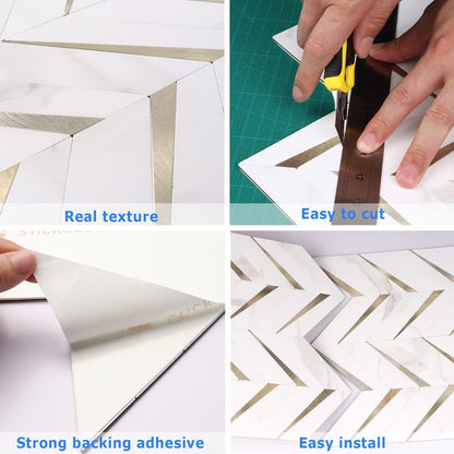 STICKGOO 10-Sheet Herringbone Tile Peel and Stick Backsplash, Beige Mixed Metal Gold PVC Stick on Backsplash, Self Adhesive Wall Tile for Kitchen and Bathroom