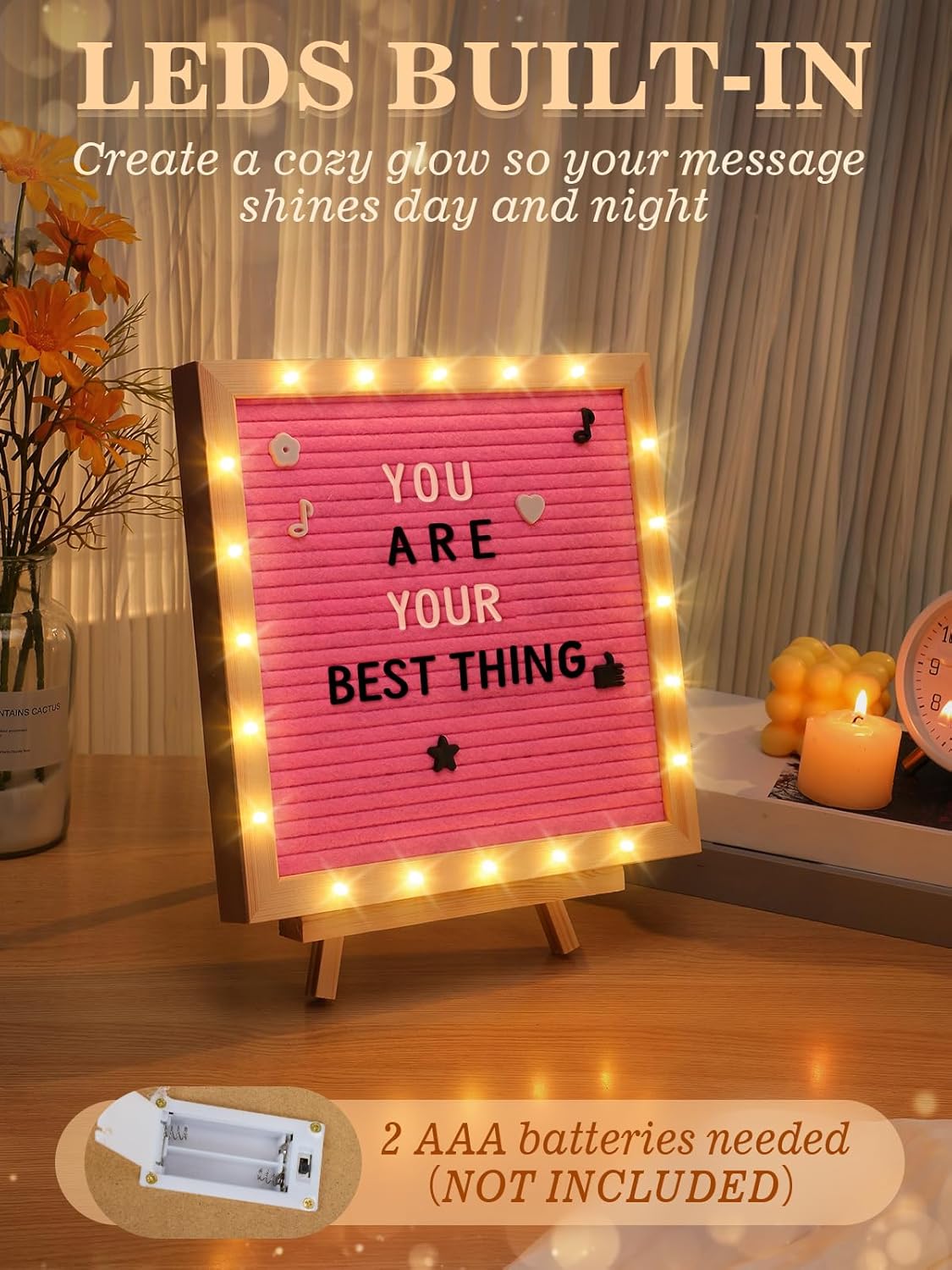 Changeable Felt Letter Board with LED Lights - 10×10" Message Custom Signs & Wood Stand & 450 Letters, Poster Board for Baby/Pregnancy Announcement/Classroom Wall Graduation Decor Gifts, Camel
