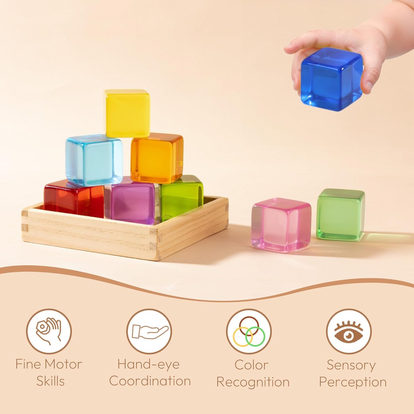 Woodtoe Large Building Blocks for Toddlers, Montessori Toys for 1 2 3 Year Old Boy Girl, No Choking Hazard Toys for Age 2-4 Kids Baby, Rainbow Acrylic Block Set, Sensory Birthday Toy Gifts for Kid