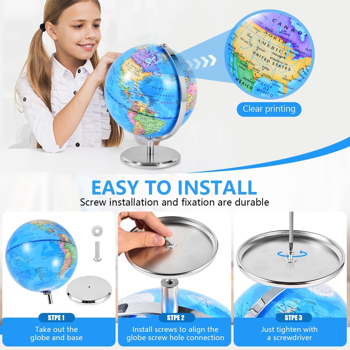 KISEER 6 Inch World Globe Rotating Earth Spinning Globe with Heavy Metal Stand for Kids Geography Classroom Education or Office Home Decorations