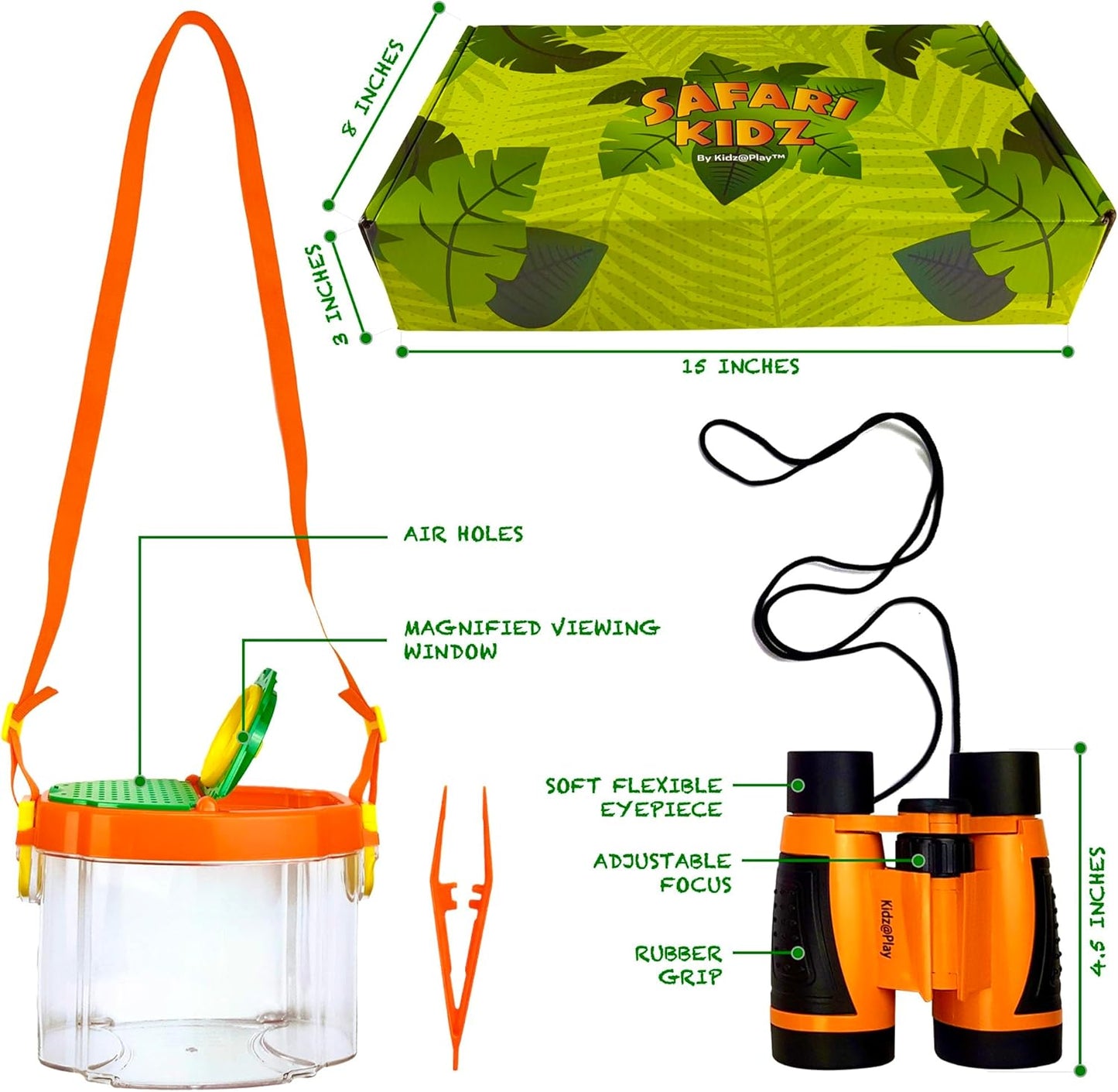 Kidz@Play Bug Hunting Kit, Vest, Hat, Binoculars, Lg. Net, Bug Container, Whistle, Flashlight, Magnifier, Thermostat, Compass, Tweezers