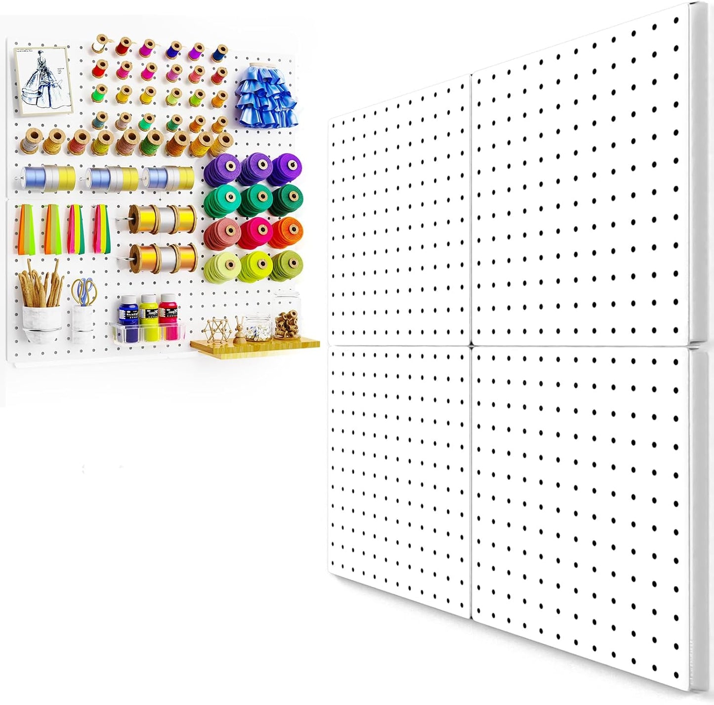 Peg Board, 4PCS Metal Pegboard Wall Organizer. Heavy Duty Pegboard, Peg Boards, Pegboard for Walls, White Pegboard for Garage Craft Room Workbench Office Kitchen Tool Organization, 12"*12"
