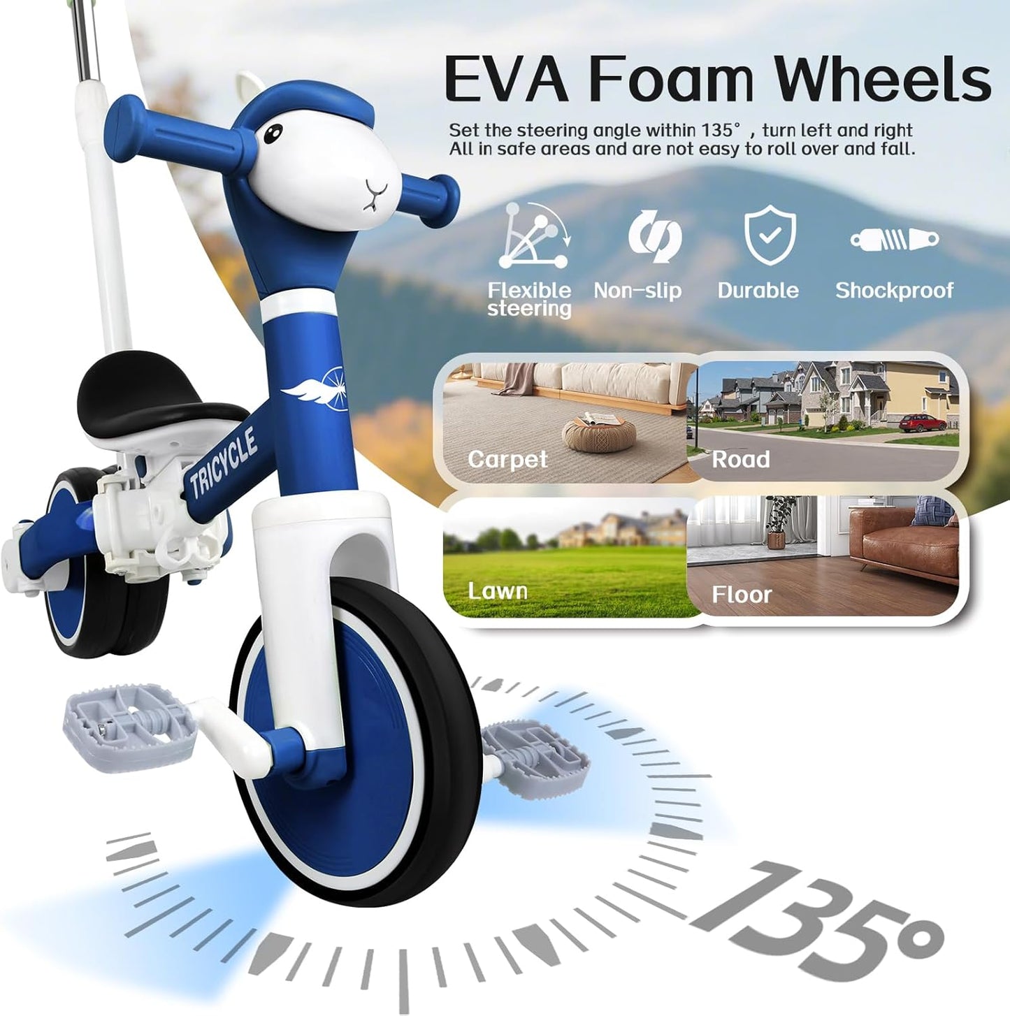 Tricycle for Toddlers 1-3 Year Olds, 5 in 1 Toddler Balance Bike 2-4 Years Old Boys Girls, Push Trike Toys with Adjustable Handle, Birthday Gifts for 2 3 4 5 Year Old Kids Bike (Blue)