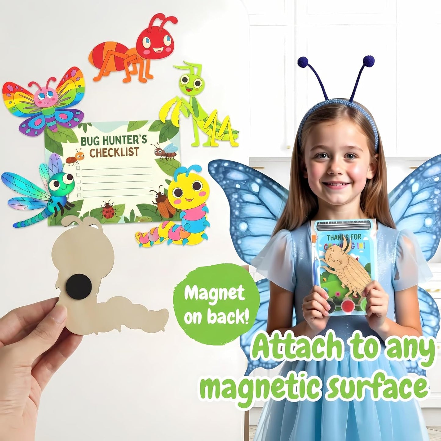 BOIKOKY 12 Pack Bug Party Favors for Kids - Individually Wrapped Paint Your Own Wooden Magnet Craft Kits with Thank You Card, Insect Birthday Party Supplies for Preschoolers