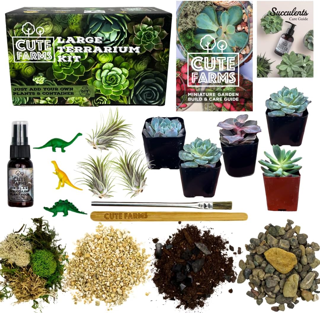 Cute Farms Terrarium Starter Kit | Moss, Vermiculite, Soil, Pebbles, Plant Food, & Finishing Tools (Large Kit + Crystals)