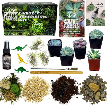 Cute Farms Terrarium Starter Kit | Moss, Vermiculite, Soil, Pebbles, Plant Food, & Finishing Tools (Large Kit + Crystals)