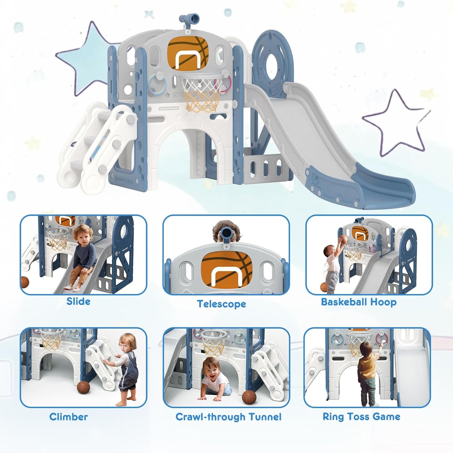 YUFU 9 in 1 Toddler Slide Set, Kids Slide for Toddlers Age 1-3, Toddler Playset with Climber and Basketball Hoop, Kids Indoor Outdoor Playground (Beige+Coffee)