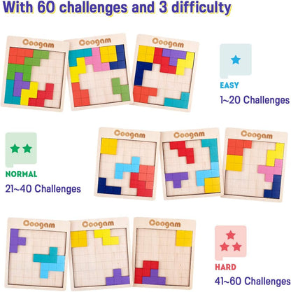 Coogam Wooden Puzzle Pattern Blocks Brain Teasers Game with 60 Challenges, 3D Russian Building Toy Wood Tangram Shape Jigsaw Puzzles Montessori STEM Educational Toys Gift for Kids Adults