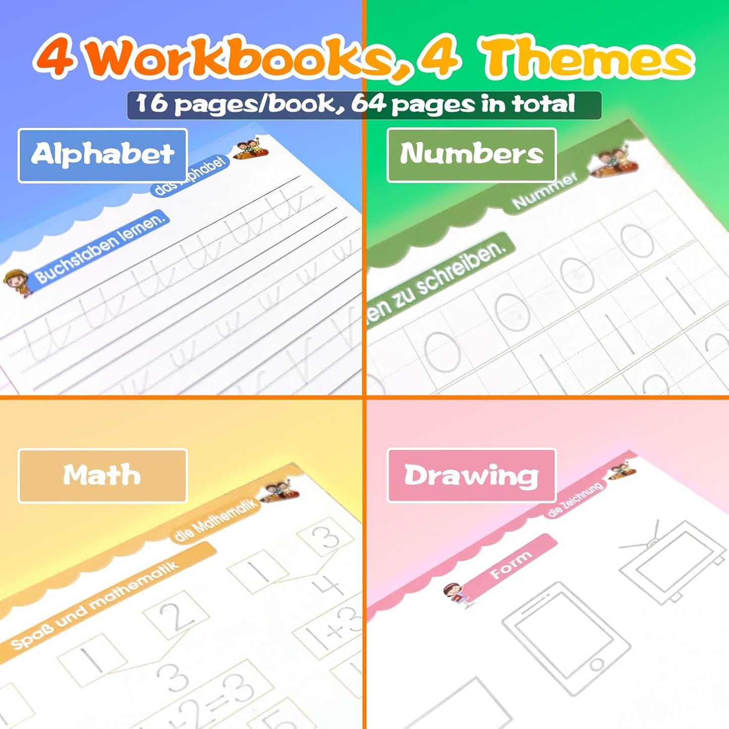 4 Magic Grooved Writing Practice for Kids - English Pre K Tracing Practice Book, Reusable Preschool Handwriting Workbooks Without Tears, 4-Theme Copybooks with Pen Refill for Age 3-10 (English, Small)