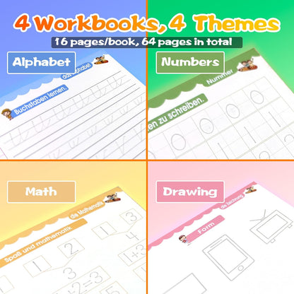 4 Magic Grooved Writing Practice for Kids - English Pre K Tracing Practice Book, Reusable Preschool Handwriting Workbooks Without Tears, 4-Theme Copybooks with Pen Refill for Age 3-10 (English, Small)