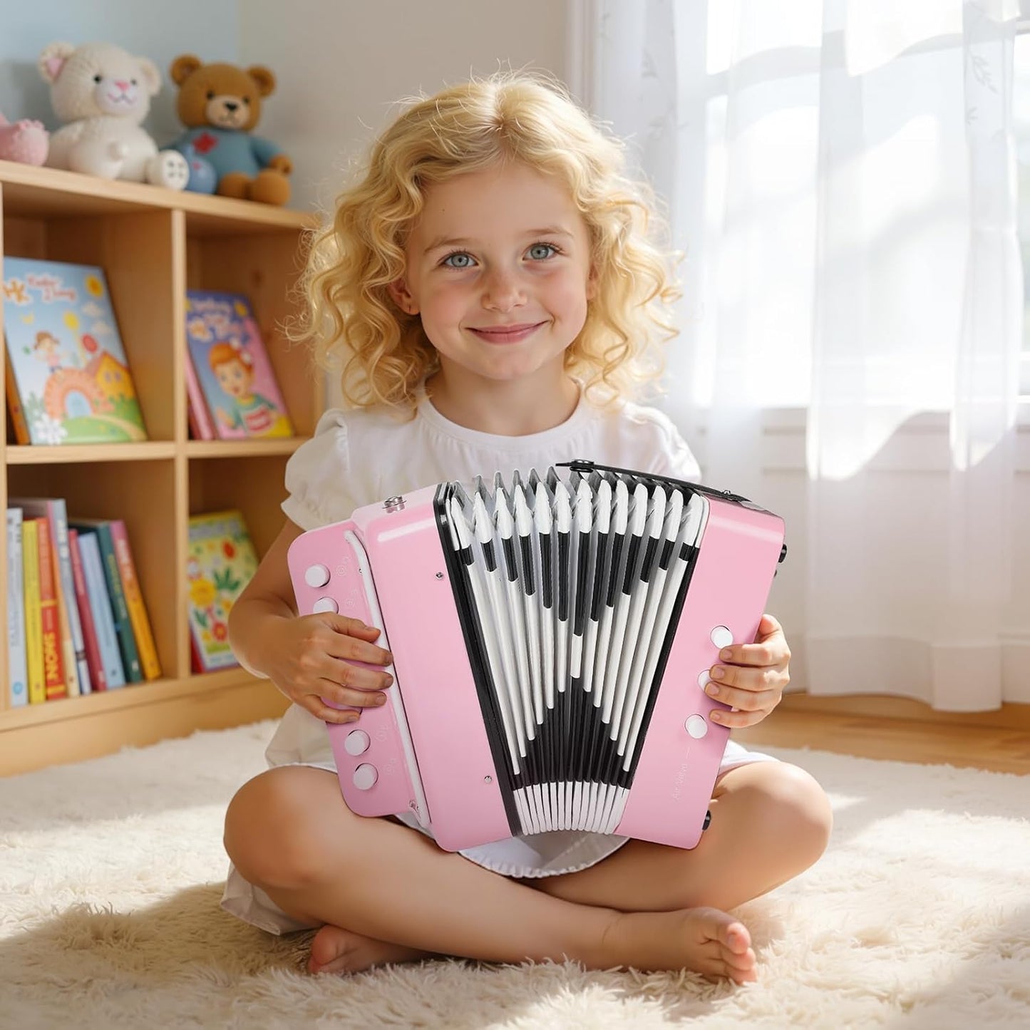 10 Keys Kids Accordion, Horse Button Accordion Toys Accordian Mini Musical Instruments Button for Child Children Kids Toddlers Beginners (Light Pink)
