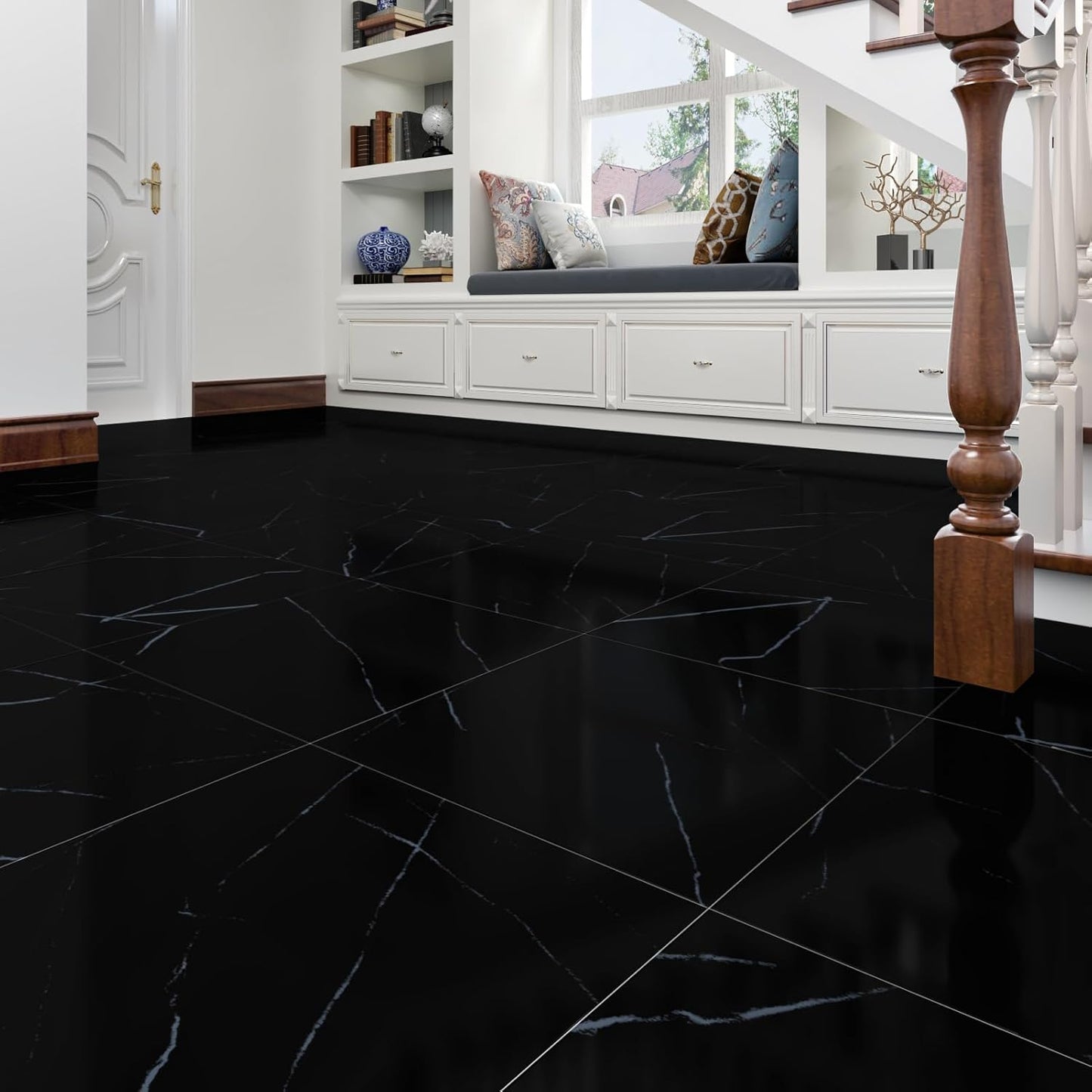 Wallercity White Marble Peel and Stick Vinyl Floor Tiles 6-Pack 12x12 Inches Self Adhesive Waterproof Flooring Planks for Bathroom Kitchen Bedrooms Stick on Floor Tiles Laminate Sheets Vinyl Flooring