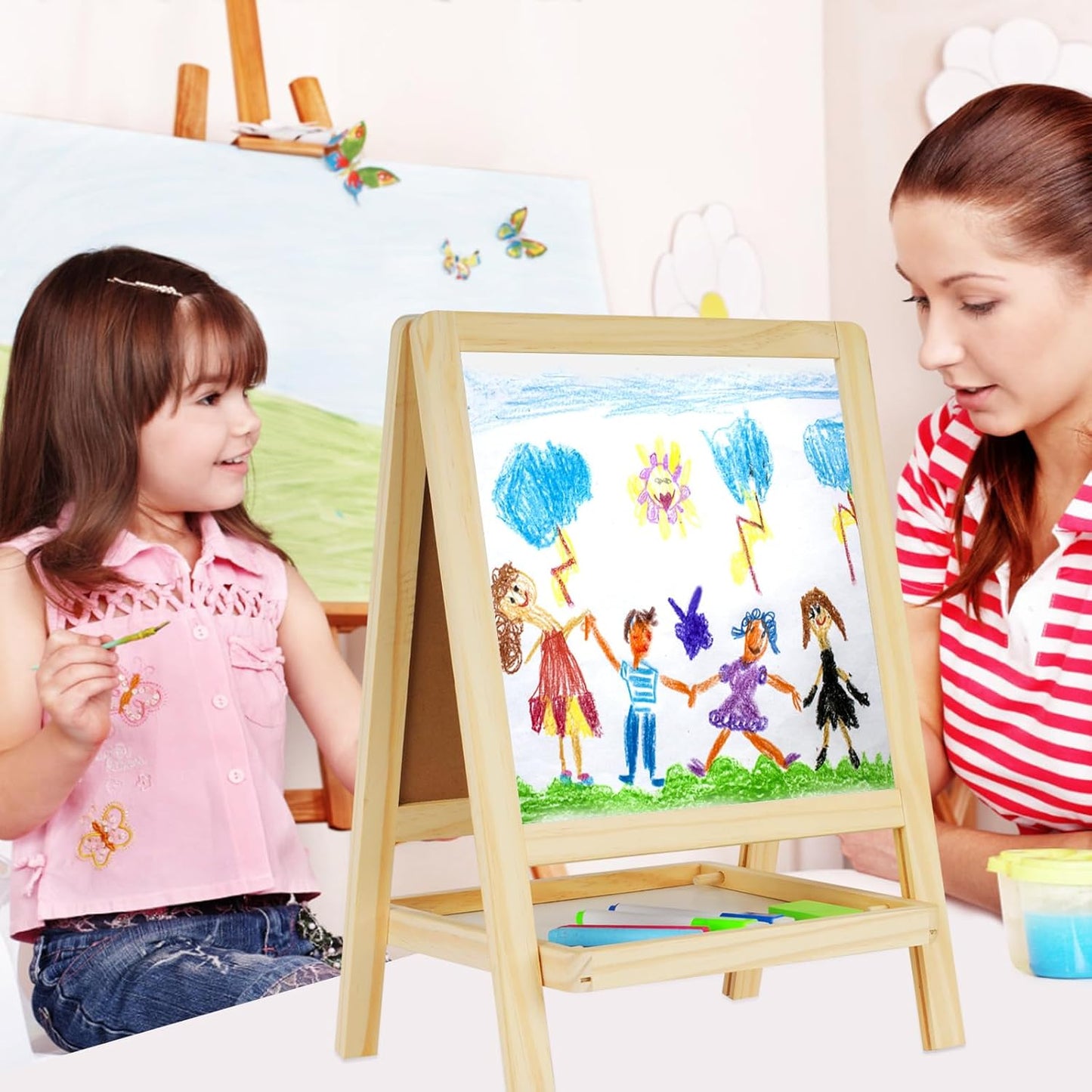 Kids Tabletop Double-Sided Wooden Art Easel - Chalkboard & Whiteboard Painting Board for Toddlers, Dry-Erase Classroom Desk Easel with Chalk, Markers, Eraser, Magnetic Letters/Numbers & Flashcards