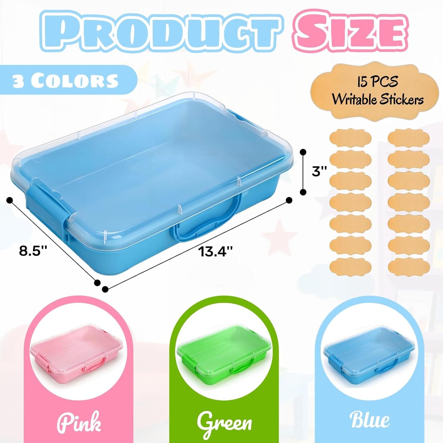 3 Pack Plastic Sensory Bins, Portable Clear Lid Sandbox Container with Handle 15 Stickers, Large Sand Water Play Tray Crafts Organizers for Sand, Water, Beads (Blue, Green, Pink)