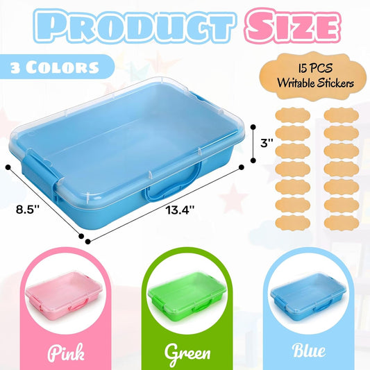 3 Pack Plastic Sensory Bins, Portable Clear Lid Sandbox Container with Handle 15 Stickers, Large Sand Water Play Tray Crafts Organizers for Sand, Water, Beads (Blue, Green, Pink)
