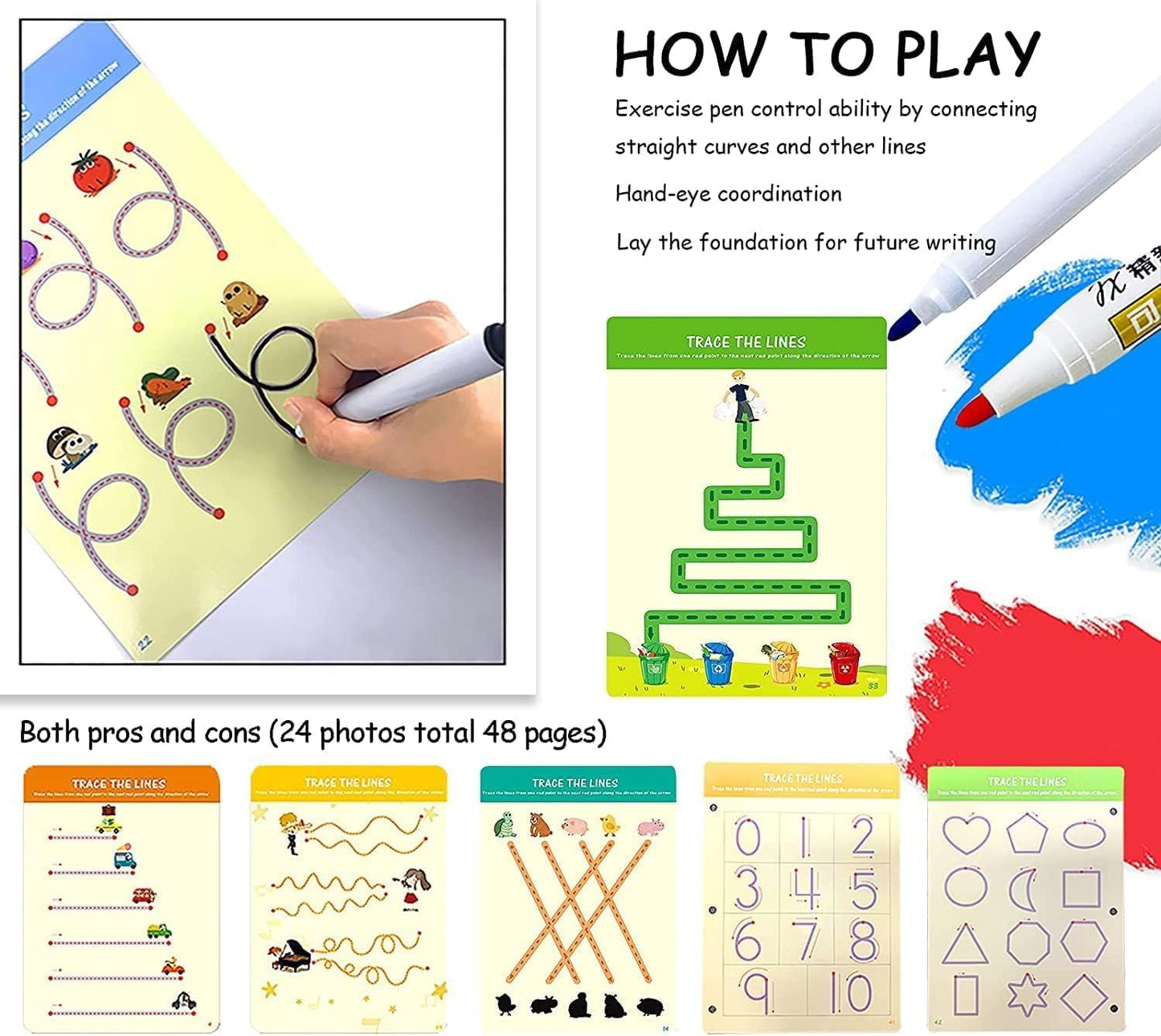Tiiano Preschool Learning Activities for 3+ Year Olds, Toddler Handwriting Practice Workbook with 4 Dry Erase Markers, Montessori Learning for Ages 3+, Kindergarten Readiness