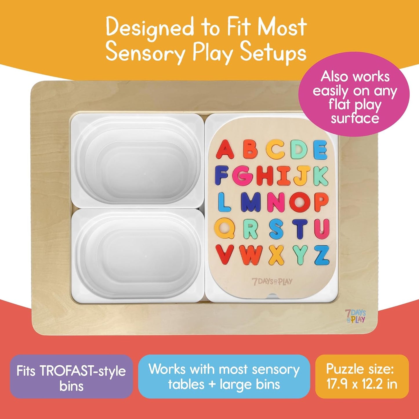 Uppercase Alphabet Puzzle for Kids, Sensory Bin Insert for Sensory Tables, Silicone Letters, Wooden Fine Motor Learning Toy by 7 Days of Play