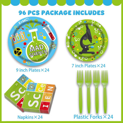 96 Pcs Science Party Decorations Tableware Set for Kids Teens Baby Shower Includes Plates Napkins Forks Chemistry Laboratory Themed Birthday Theme Party Supplies for 24 Guests