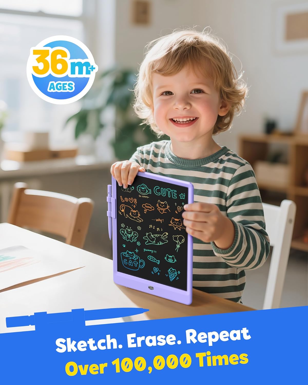 TEKFUN LCD Writing Tablet for Kids, 10-inch Coloring Drawing Pad, Mess Free Doodle Board, Airplane Travel Toys for Boys and Toddlers, Road Trip Essentials, Gifts for 3 4 5 6 7 8 Year Old Girls(Blue)