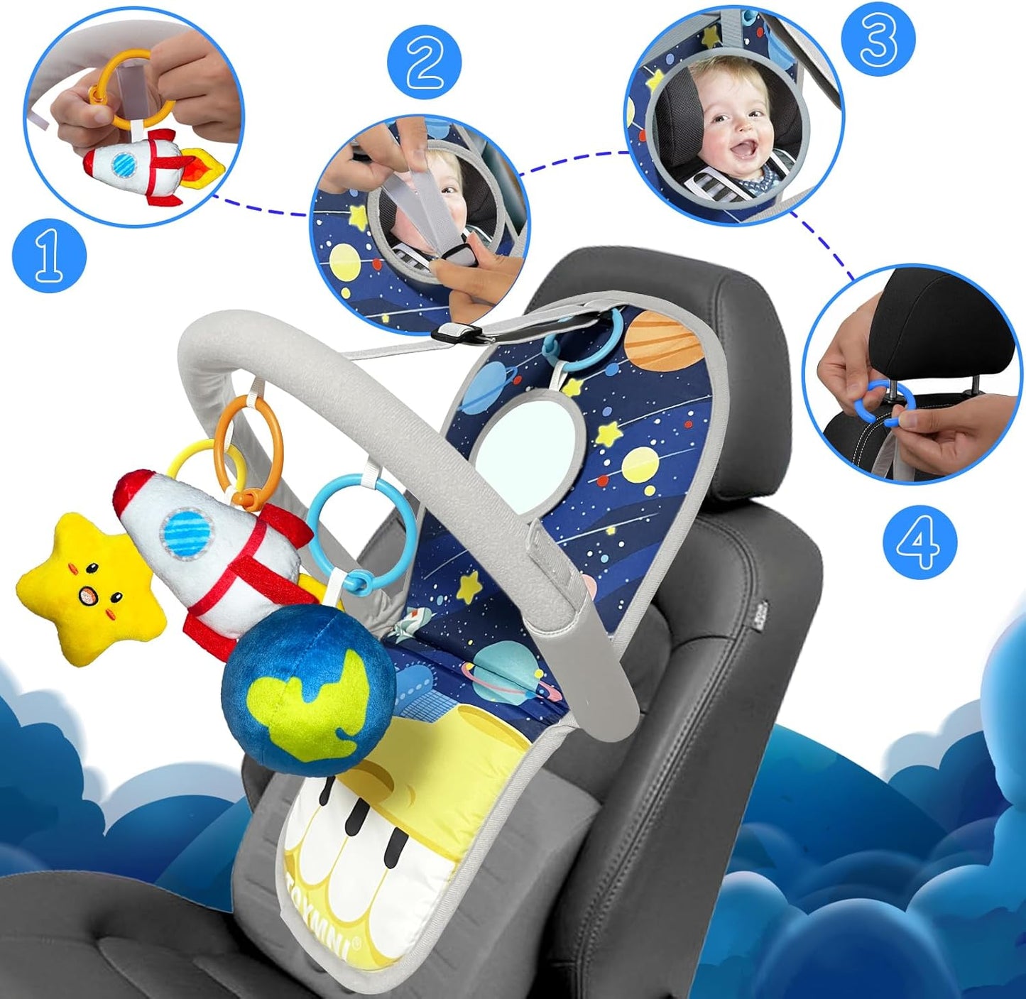 Car Seat Toys for 6-12 Months - Musical Pedal Piano with Baby Mirror, Squeaky Sensory Soft Animal Toys for Rear Facing Carseats