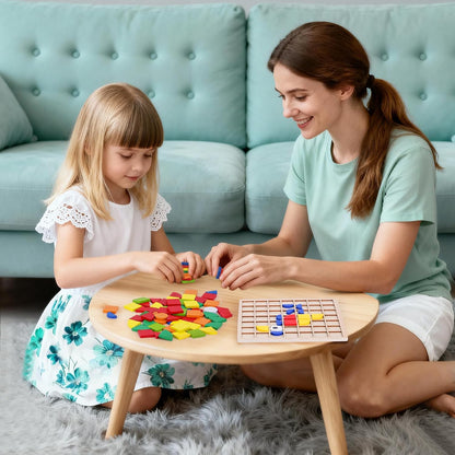 Wooden Pattern Blocks 142PCS Montessori Mosaic Puzzle Geometric Shapes Tangrams for Kids with Storage Bag, Following Cards, and Grid Board, Gifts for Boys Girls Ages 3+