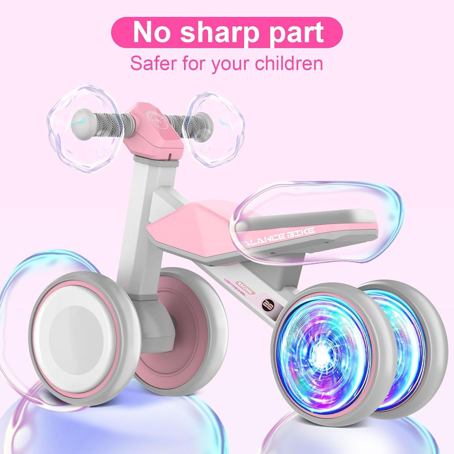 ESPRAY Colorful Lighting Baby Balance Bike Toys for 1 Year Old Girls Gifts, Toddler First Bike 12-24 Months with Adjustable Soft Seat, 4 Silent Wheels Ride on Toy, Perfect First Birthday Gift