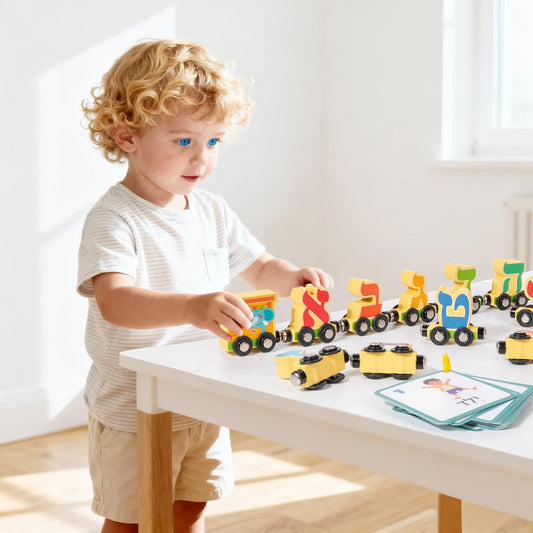 Hebrew Alphabet Train for Kids – Wooden Magnetic Alef-Bet Train Cars with Flash Cards – Learn Hebrew Letters Through Hands-On Play