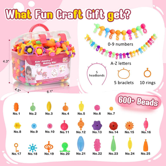Atoymut 600Pcs Pop Beads, Jewelry Making Kits for Toddlers, Arts and Crafts Supplies for Kids Ages 4-8, Necklace, Bracelet, Ring, Creative DIY Toys Set for 4, 5, 6, 7, 8 Year Old Girl Birthday Gift