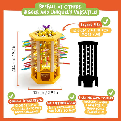 Nene Toys BeeFall Jumbo, 4-in-1 Wooden Honey Bee Toy for Kids Ages 3-9 - Educational Game with Wooden Honeybee Hive, 12 Bees, Colorful Sticks, Dice & Cards - Fun Family Game for Cognitive Development