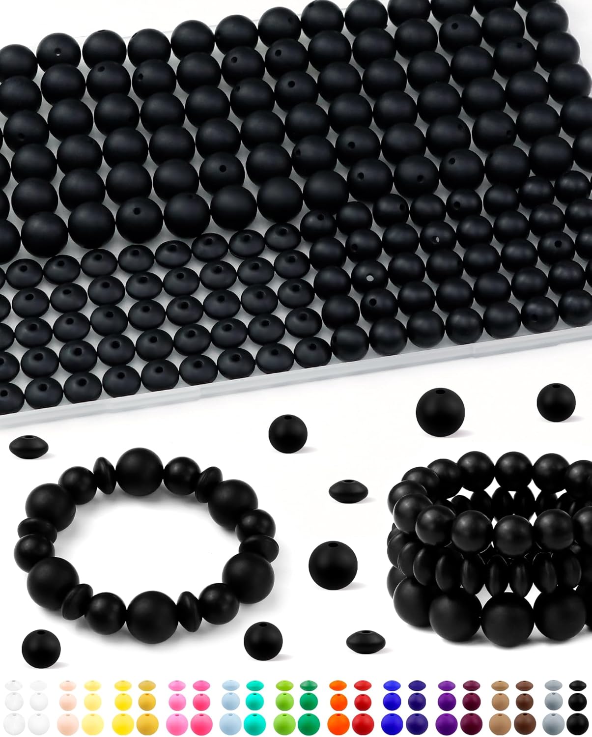 200Pcs FIVEIZERO Mixed Silicone Beads for Keychain Making, 12mm 15mm Round and 12mm Lentil Silicone Beads for Pens Bracelet Necklace DIY Crafts(Black)