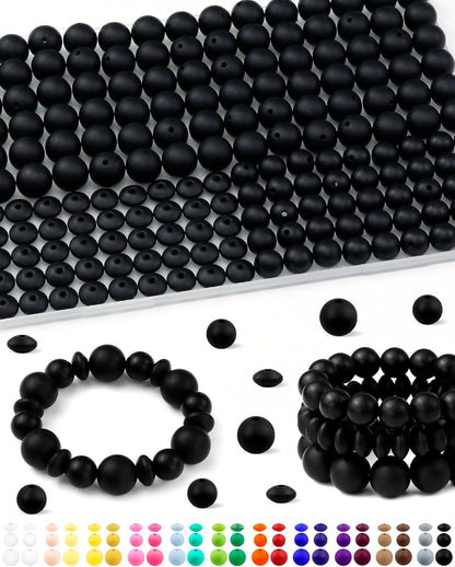 200Pcs FIVEIZERO Mixed Silicone Beads for Keychain Making, 12mm 15mm Round and 12mm Lentil Silicone Beads for Pens Bracelet Necklace DIY Crafts(Black)