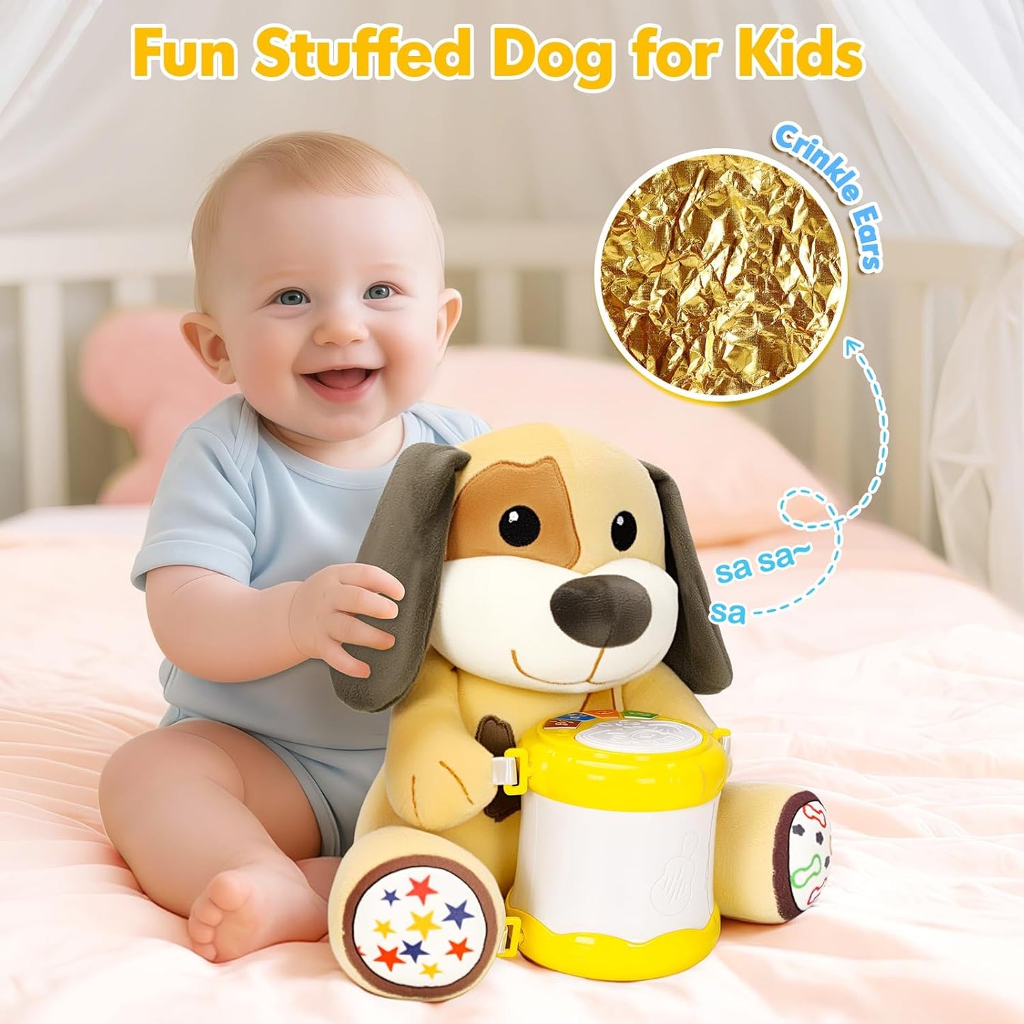V-Opitos Stuffed Bear Musical Toys for Baby 6-12 Months+, Early Learning Light up Music Drum, Perfect Christmas Birthday Gifts for Boy & Girl Age 1, 2 Years Old