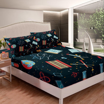 Erosebridal Science Theme Bed Sheets Set Full Size for Boys Girls Chemistry Periodic Table Print Sheet Set Chemical Subject Theme Sheets Teens Kids Math Science Atyle Fitted Sheet 4 Pcs