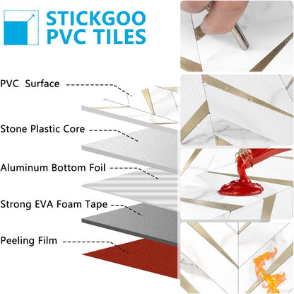 STICKGOO 10-Sheet Herringbone Tile Peel and Stick Backsplash, Beige Mixed Metal Gold PVC Stick on Backsplash, Self Adhesive Wall Tile for Kitchen and Bathroom