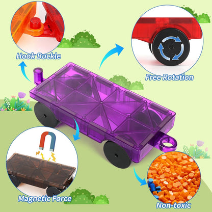 Mruikeny Magnetic Tiles Cars Construction Set - 4 PCS Magnetic Tiles Magnet Bricks Truck Sensory Toys, Educational Magnet Cars Set Building Blocks for 3 4 5 6 7 8+ Year Old Girls Boys