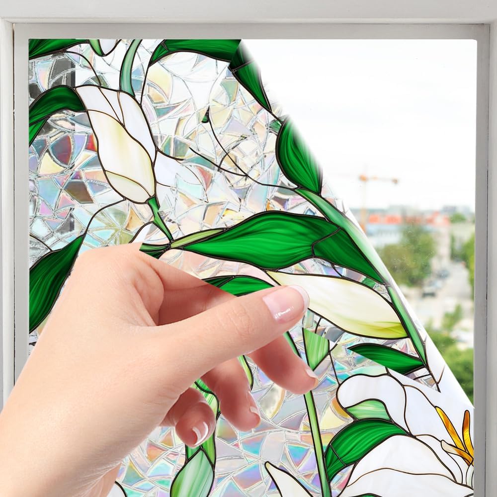 Flower Stained Glass Window Film Decorative Static Cling Stickers Sun Blocking Privacy Decals for Home Car White Lily