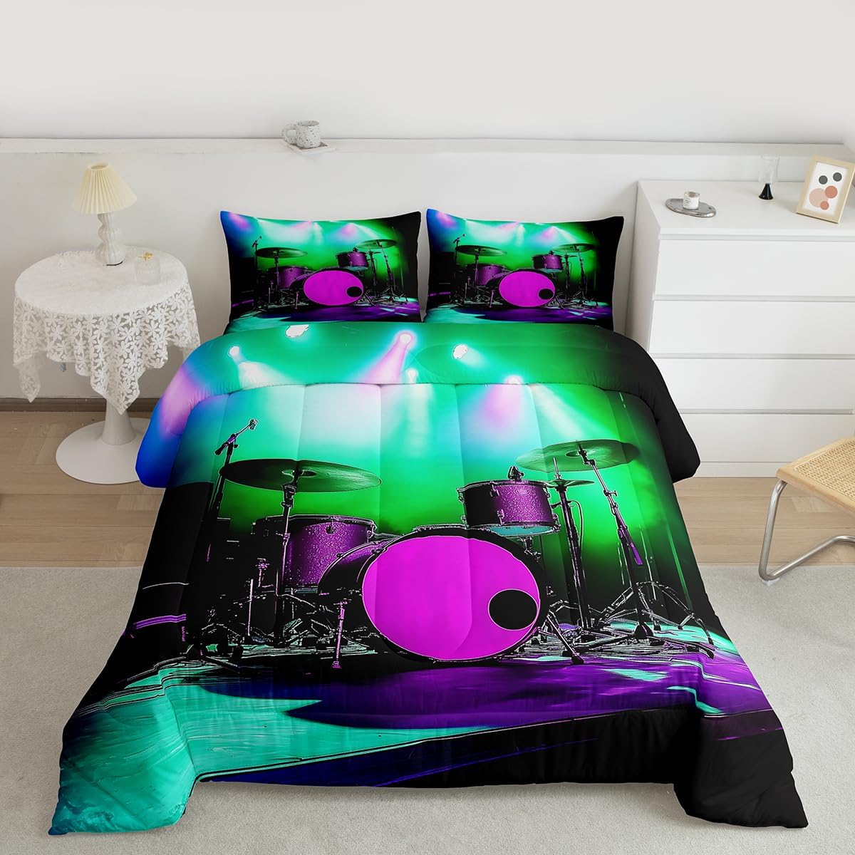 Erosebridal Drum Kit 3D Print Kids Comforter Sets Rock Music Themed Full Bedding Set for Boys Girls Musical Pattern Comforter Set,Colorful Retro Style Quilt Duvet 3 Pcs