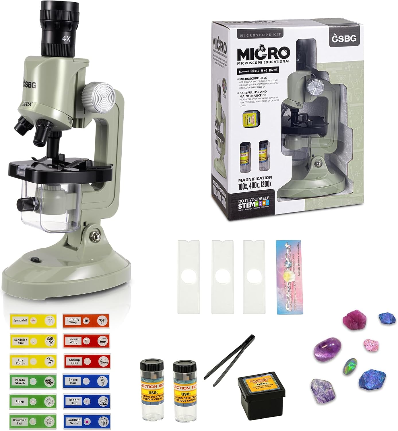 Kids Microscope Kit with LED Light - 100X/400X/1200X Magnification for STEM Learning, 12 Prepared Slides, Easy-to-Use Science Learning Kit (Ages 5-12) - Yellow