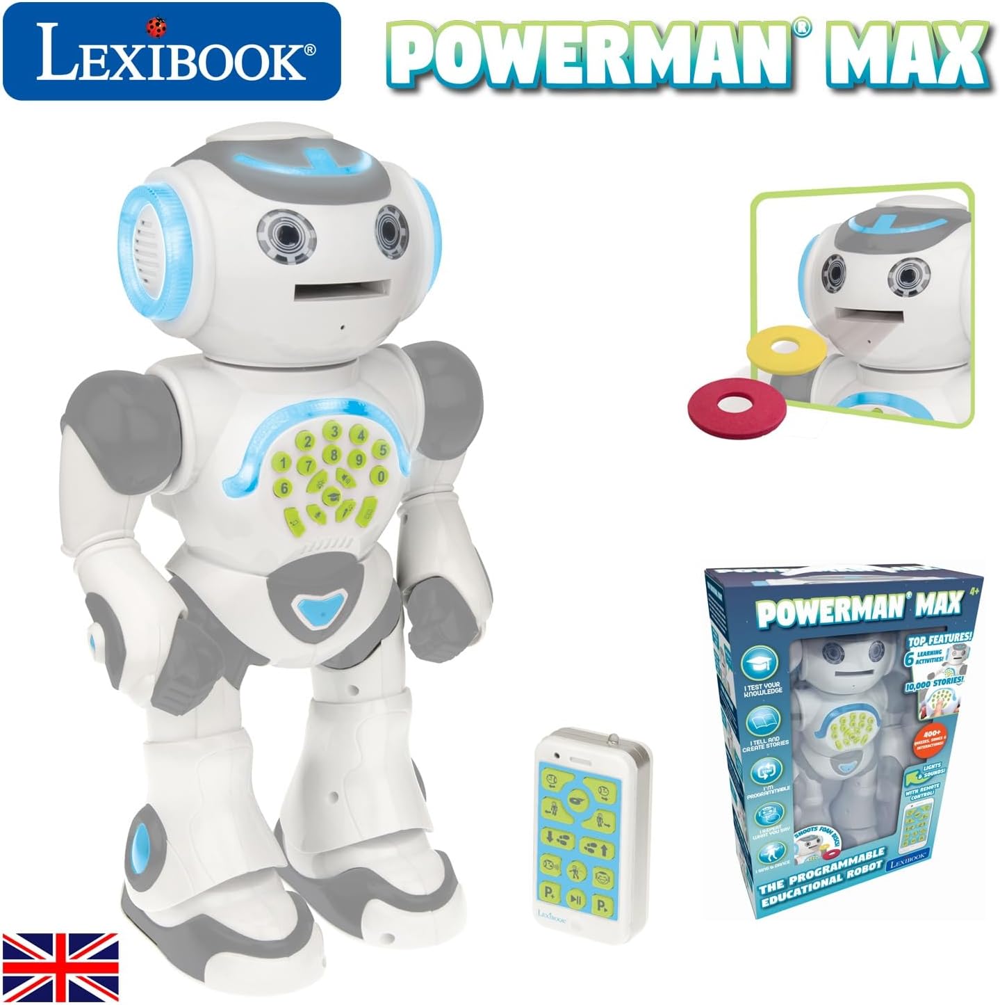 LEXiBOOK, Powerman Neo, My Robot Full of Technology, Remote Control and Gesture Control, Educational Activities in English, Programmable, Music and Dance, Sound and Light Effects, Blue/White, ROB18EN