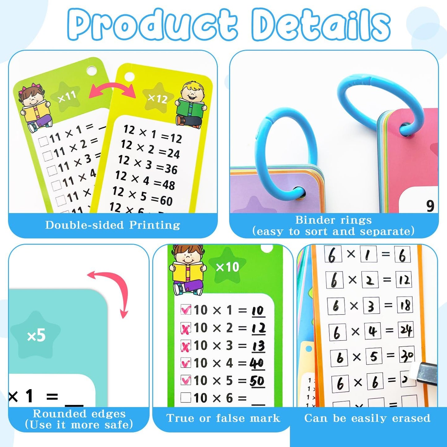1-12 Multiplication Flash Cards, Large Math Table Flashcards, Including 15 Cards, 2 Dry Erase Markers, 1 Rings, Educational Times Table Flashcards for Classroom Home, for 1st to 3rd Grades