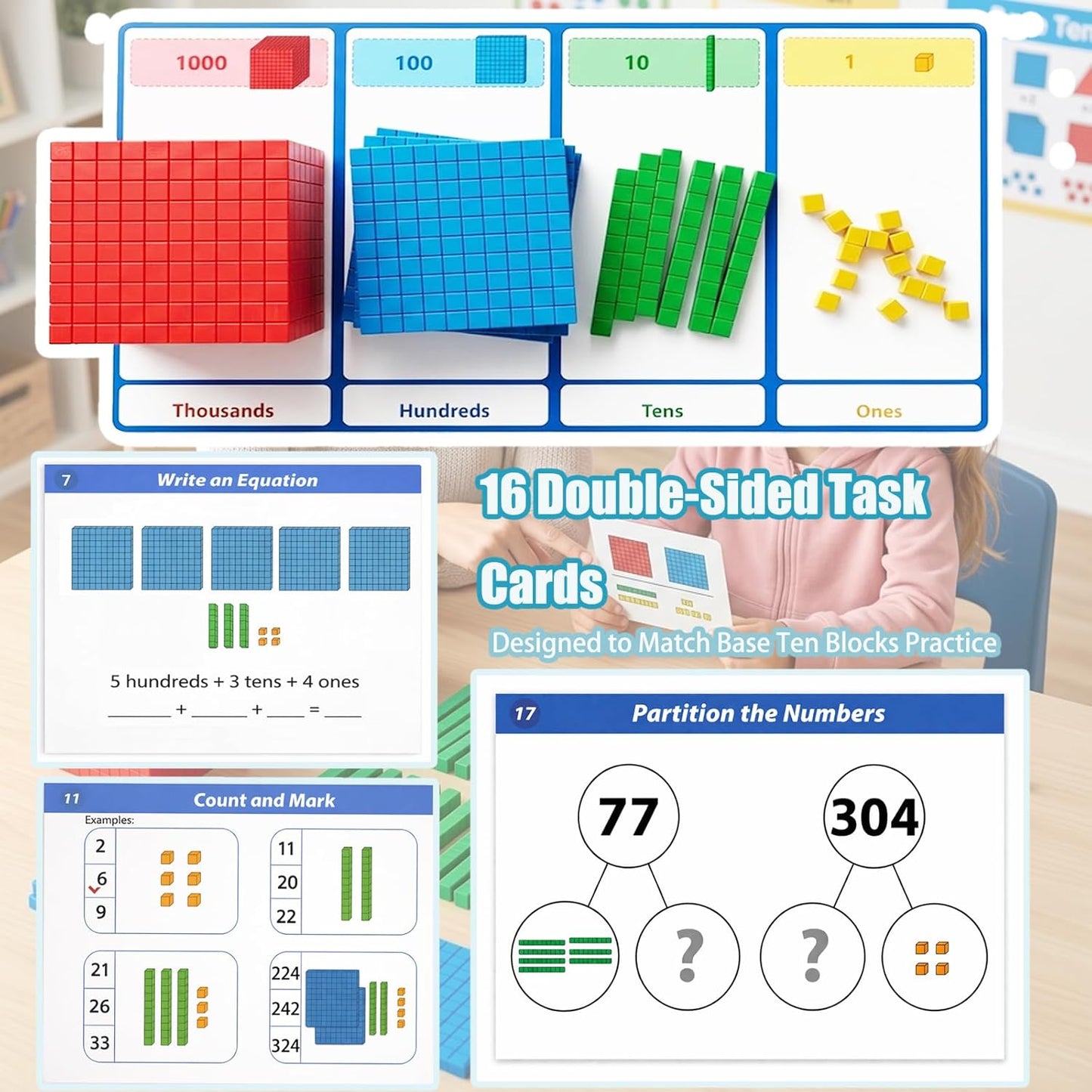 Base Ten Blocks 153 pcs Math Manipulatives, Base 10 Blocks for Math, Math Cubes & Place Value Blocks for Kids, Math Counters for 1st Grade Kindergarten Classroom Homeschool Learning Kit