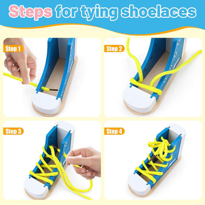 2 Pack Wooden Shoe Tying Practice Kit with Blue and Pink Laces, Instructional Lacing Technique Aid for Fine Motor Skills Development (Blue,Pink)