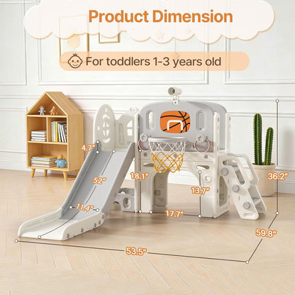 BIERUM 9 in 1 Toddler Slide, Kid Slide for Toddlers Age 1-3 with Ring Toss, Basketball Hoop, and Telescope, Indoor Outdoor Playset Playground Beige Gray
