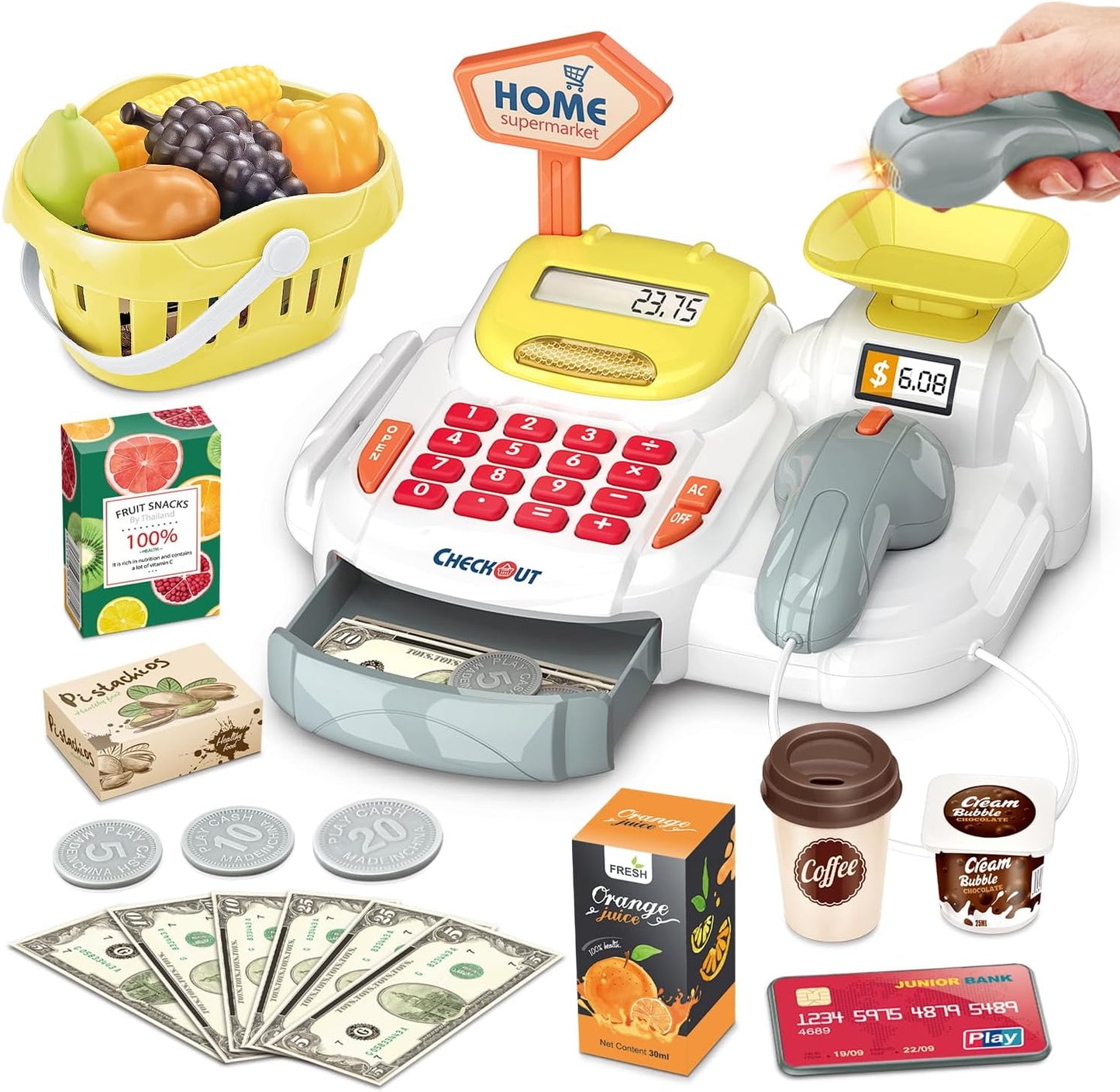 Cash Register 36PCS Supermarket Shop Toys with Electronic Sounds,Working Scanner,Calculator,Credit Card Reader,Play Food and Money Preschool Learning for Girl Boys Kids (Green)