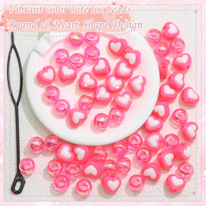 60PCS Pink White Hair Beads for Braids Three Styles Cute Loc Beads Heart Shape Bead for Kids Dreadlock AB Color Round Pony Bead Accessories