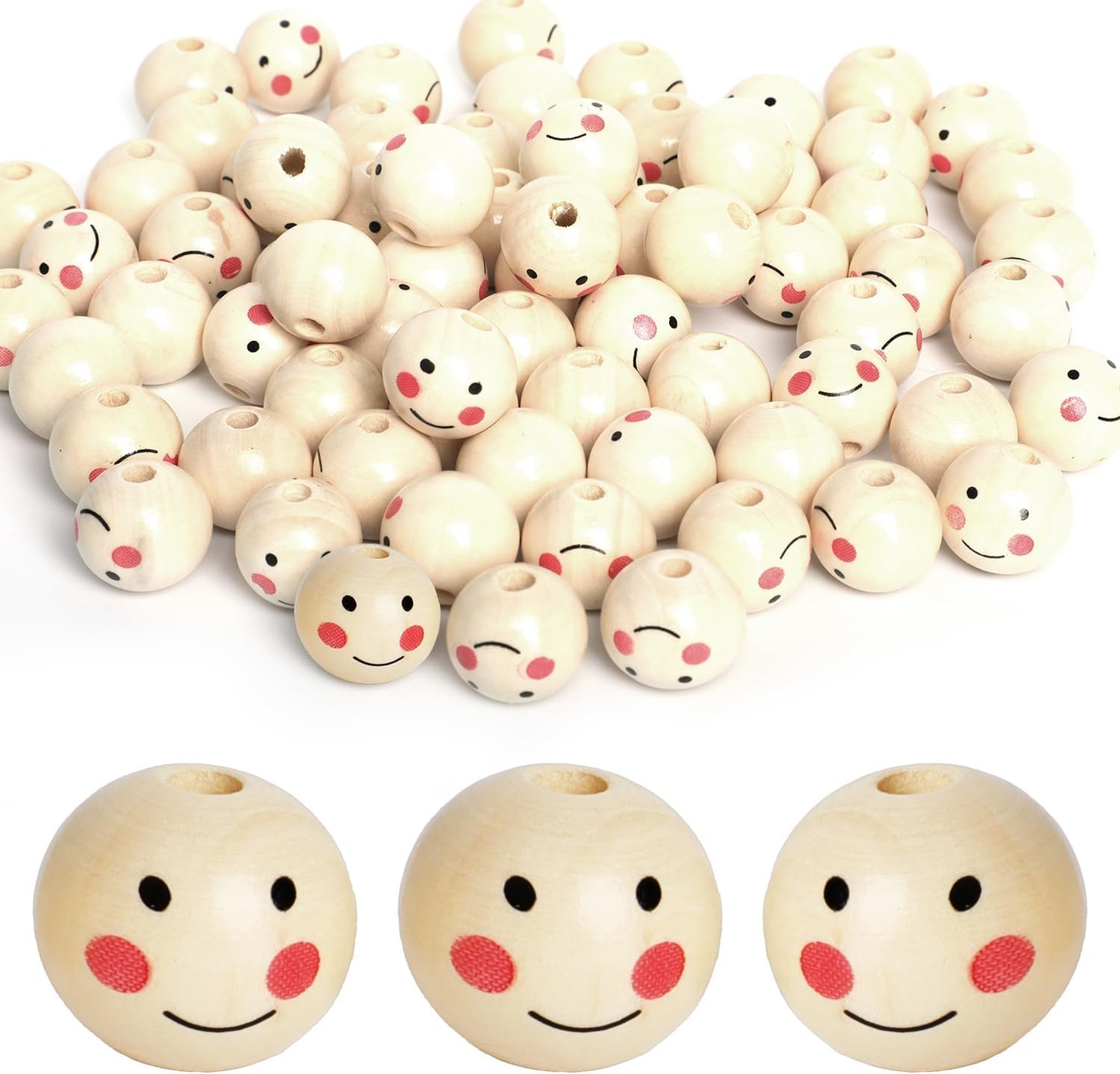 60PCS Wooden Beads with String,Natural Wood Beads Loose Beads with Face,2 Styles Wooden Smiley Beads Set for Chiristmas Tree Wreath DIY Key Chain Angel Craft Jewelry Making(30pcs 20mm 30pcs 18mm)