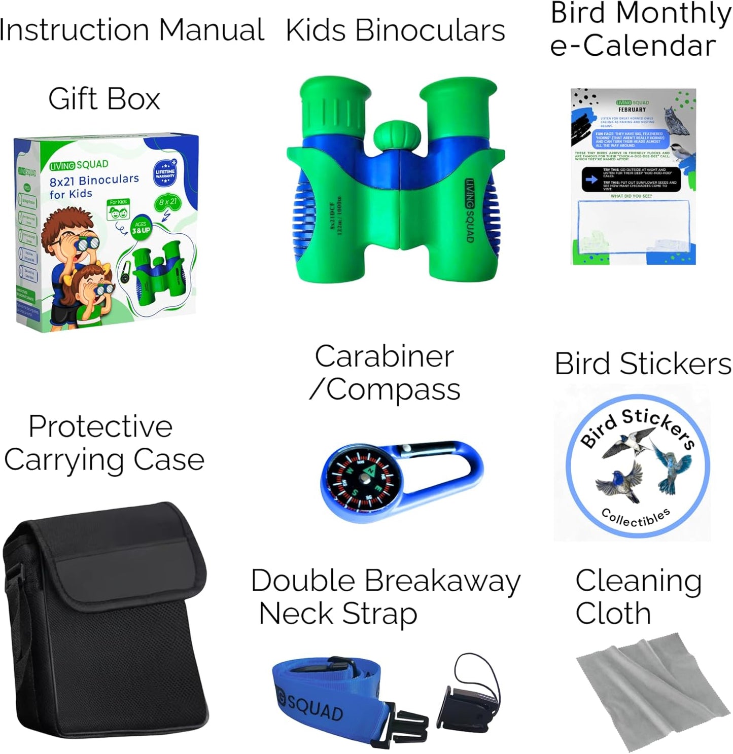 Kids Binoculars 8x21 Shockproof Green - Ages 3-12 with Case Neck Strap Compass Carabiner | High Resolution Optics for Bird Watching Camping Hiking | Birthday Gift Boys Girls