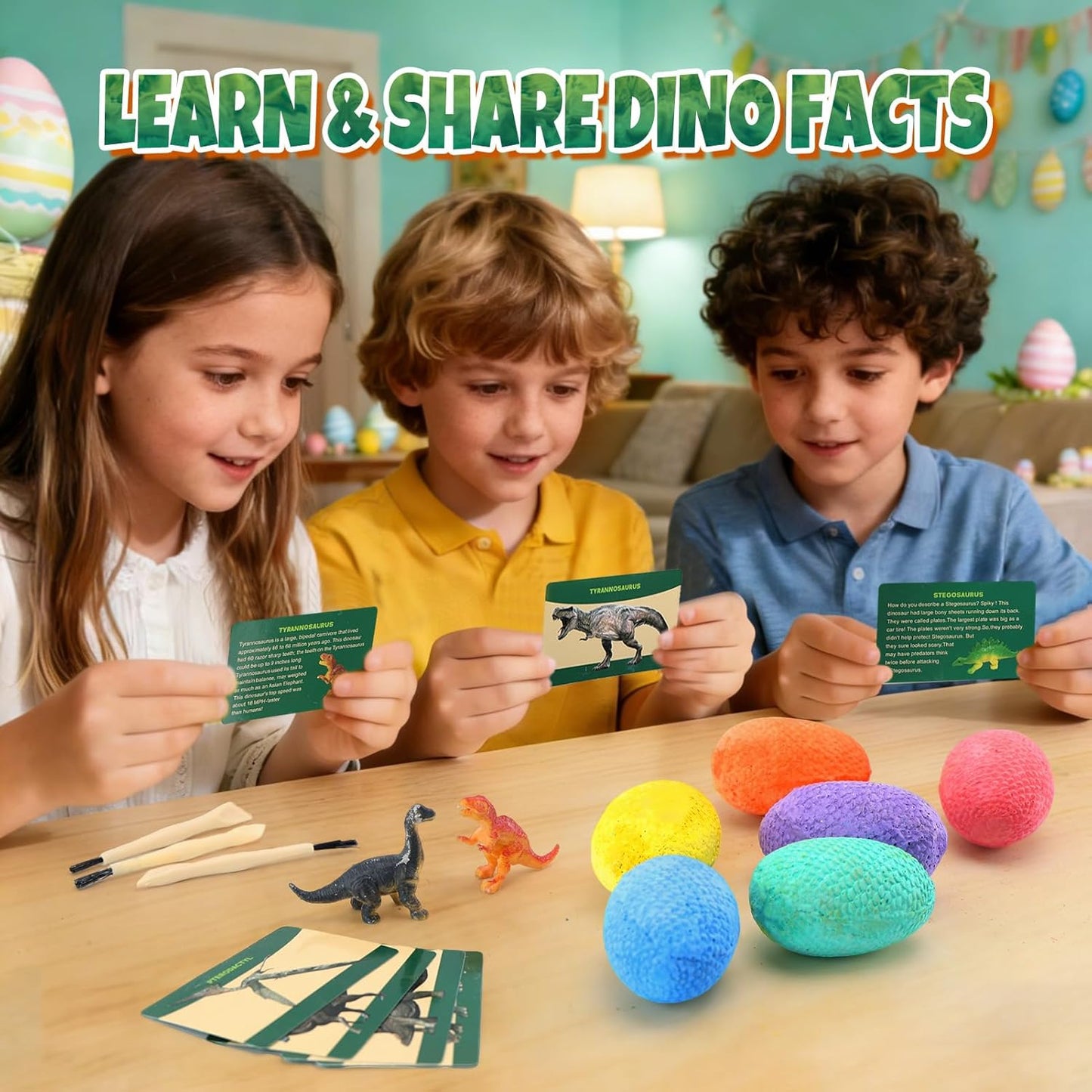Easter Dino Eggs Dig Kit - 12 Colorful Dinosaur Easter Eggs with Dinosaur Figures, 12 Dig Tools for Easter Egg Hunt, Easter Basket Stuffers & Easter Toys and Games (Colorful)